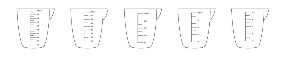 Set of measuring cups with 1 liter, 500, 250, 100 and 50 ml fluid volume scale. Liquid containers for preparing cooking vector