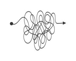 caótico línea desde comienzo punto a terminar flecha. complejo problema solución concepto. cerebro trabajo con nuevo idea. complejidad firmar vector