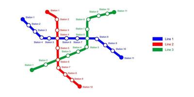 Metro map template. Subway scheme with 3 colored way lines with stations. Infographic diagram of public rapid transport network vector