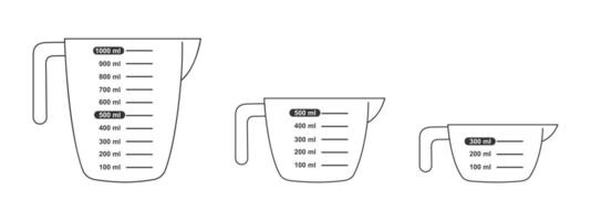 conjunto de medición tazas con 1 litro, 500 y 300 ml volumen. líquido contenedores para Cocinando con fluido capacidad escala vector