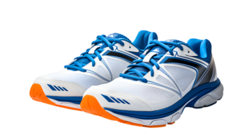 AI generated White blue pair of sneakers, isolated, transparent PNG Background