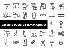 Set of filmmaking line icons. Movie, cinema, video, production, ticket, camera, reel, filmstrip, film icons. Vector illustration