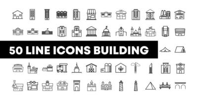 Set of line icons, type of building. House, hotel, restaurant, bank, stadium, gym, apartment, school, building. Vector illustration