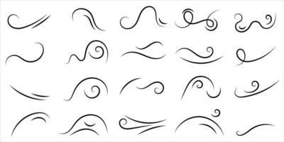 Set of swirl line wind doodle. Hand drawn curve line, air wind flow, doodle wind motion, swirl elements, wind line sketch. Vector illustration