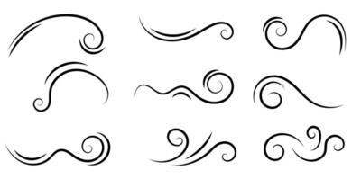 Set of swirl line wind doodle. Hand drawn curve line, air wind flow, doodle wind motion, swirl elements, wind line sketch. Vector illustration