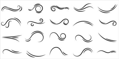 Set of swirl line wind doodle. Hand drawn curve line, air wind flow, doodle wind motion, swirl elements, wind line sketch. Vector illustration