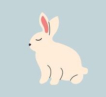 White Rabbit hand drawn. Minimalistic illustration with Hare sitting in doodle style. Cute character Bunny with big ears in flat style for decorating Easter cards and posters. vector