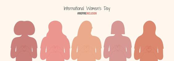 InspireInclusion International Women's Day banner. Minimalist illustration with Inspire Inclusion slogan. Women silhouettes with heart-shaped hands stand together. vector