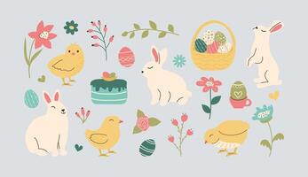 Set of hand drawn Easter characters. Cute chickens and Bunnies in doodle style. Bright cake and multicolored patterned eggs in basket in hand-drawn style. Happy Spring holidays minimalistic flowers. vector