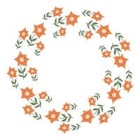 Floral Wreath made of orange flowers in circle. Hand drawn minimalist botanical element. Doodle Round frame or border with place text, quote or logo in flat style. vector