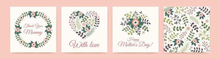 Set of floral Square backgrounds for Mother's Day with text. Happy holiday wishes with hand drawn flowers, heart, wreath and pattern on greeting Cards. Spring templates for posts, posters or postcard. vector