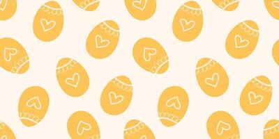 Yellow Easter eggs seamless Pattern for fabrics, wrapping or wallpapers. Holidays endless Hand drawn background. Eggshell decorated with hearts and lines. vector