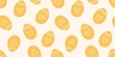 Yellow Easter eggs seamless Pattern for fabrics, wrapping or wallpapers. Holidays endless Hand drawn background. Eggshell decorated with hearts and lines. vector