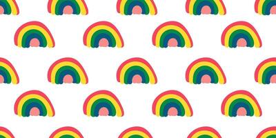 Rainbow cute hand drawn Children seamless pattern on white background. Doodle kid endless design with simple shapes in minimalist style for fabric and clothing. vector