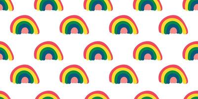 Rainbow cute hand drawn Children seamless pattern on white background. Doodle kid endless design with simple shapes in minimalist style for fabric and clothing. vector