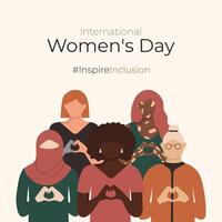 Diverse women with heart-shaped hands stand together for posts on social media. InspireInclusion International Women's Day 2024 Greeting card. Minimalist Square posters with Inspire Inclusion slogan. vector