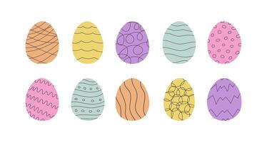 Set of Easter eggs in doodle style. Holiday food is Decorated with Abstract lines, waves and other patterns. Hand drawn vector illustration in pastel colors.