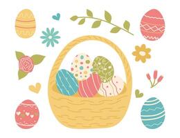 mano dibujado Pascua de Resurrección mimbre cesta con huevos. multicolor estampado cáscaras de huevo con flores en garabatear estilo. minimalista primavera fiesta conjunto para tarjetas y decoraciones vector