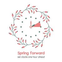 Spring Forward reminder. Vector illustration in flat style with floral frame isolated on white background. Summer time in March