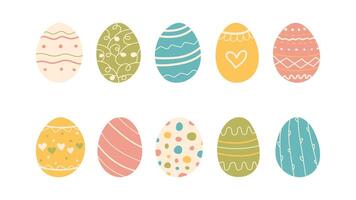 Multicolored hand drawn Easter eggs set. Doodle style Shell decorated with different shapes, lines and circles in various colors. Simple icons and elements for posters and holiday banners vector