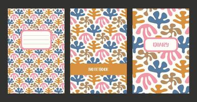 Abstract Plant leaves Cover page of Notebook and Diary. Universal layouts for exercise book. Spring bright planner with Botanical colorful freehand doodle elements. Simple shapes in vintage colors. vector