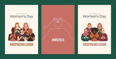 International Womens Day Social Media poster. Inspire inclusion 2024 Vertical post. IWD postcard with woman in faceless style with heard shaped hands. Multiracial group of disabled, different figure. vector