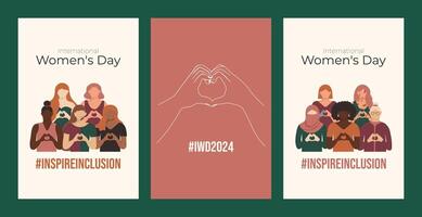 International Womens Day Social Media poster. Inspire inclusion 2024 Vertical post. IWD postcard with woman in faceless style with heard shaped hands. Multiracial group of disabled, different figure. vector