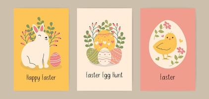 Hand drawn Easter greeting cards. Vertical postcards with bunny chick and flowers in doodle style. Multicolored Eggs Hunt food with different patterns of hearts, lines and circles hand-drawn. vector