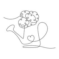 Hand drawn one line Watering can and Flowers. Plant care abstract minimalist design. Vector illustration in one continuous line style for decoration.