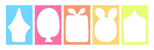 Doodle multicolored blank rectangle borders set. Hand drawn Frame in shape of balloon, hare with ears, gift box, window with curtains. Simple Textbox with copy space for social media story or cards. vector