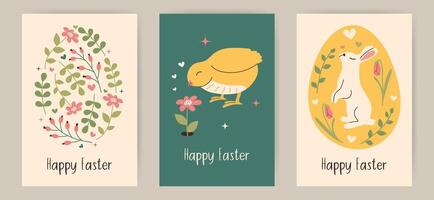 Happy Easter vertical Hand drawn postcard. Doodle Spring greeting card with eggs, bunny and chick. Hand-drawn Flowers in eggshell shape. Minimalist vector seasonal background for wish on social media.