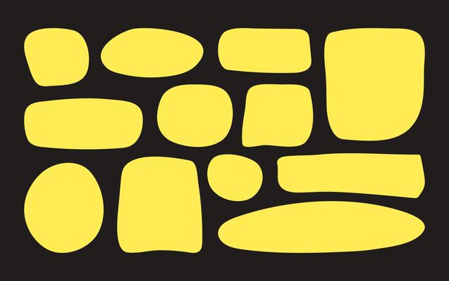 Hand drawn yellow Textbox set. Empty text Box circles rectangles and squares isolated on black background. Doodle Blank quote wavy Frames template collection. Simple backgrounds for information.