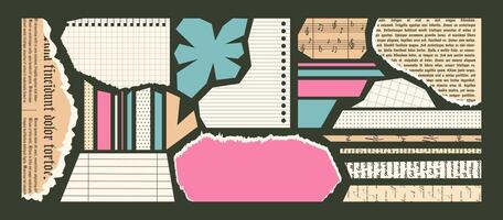 Set of torn newspapers and Notebook sheets for modern Collages. Cut strips of Paper with uneven edges. Pieces of musical notes, vintage book pages trendy design in scrapbook. Ripped notepad textbox. vector