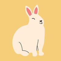 White Hand drawn Bunny isolated on yellow background. Rabbit. Minimalistic design with Hare sitting in doodle style. Cute character Rabbit with big ears in flat style for Easter cards and posters. vector