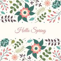 Hello Spring floral background. Springtime greeting card with Hand drawn Flowers and leaves. Vector square templates for poster or social media post. Bright Bloom frames and borders with lettering.