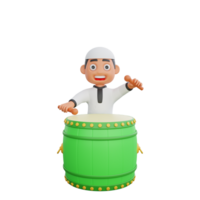 3D illustration of a cute Muslim boy playing a big drum png