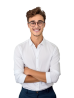 AI generated a smiling young man in glasses and blue shirt, png