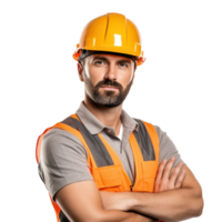 ai généré attrayant travail homme dans construction casque isolé. png