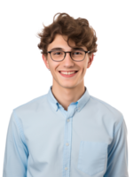 AI generated a smiling young man in glasses and blue shirt, png