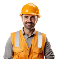 ai généré attrayant travail homme dans construction casque isolé. png