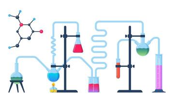 Chemical Laboratory with different glass flasks, vials, test-tubes with substance and reagents. Lab research, testing, studies in chemistry, physics, biology. Banner, poster. Vector illustration.