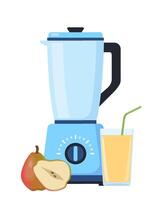 Blender or mixer. Equipment for smoothie making. Pear and glass of fresh juice. Kitchen tool for cooking. Vector illustration.