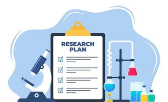 Chemical laboratory research plan on clipboard with checklist. Chemical Laboratory with different glass flasks, vials. Lab research, testing, studies in chemistry. Vector illustration.