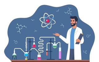 Scientist in chemistry laboratory working on research and exploration. Flasks, vials, test tubes with substance. Lab research, testing, studies in chemistry. Vector illustration.