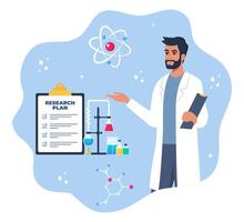 químico científico, frascos, viales, prueba tubos químico laboratorio investigación plan en portapapeles. átomo signo. orgánico químico compuestos fórmulas química concepto vector ilustración.