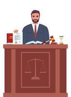 Judge with hammer. Man in black robe with gavel. Jurisprudence, justice and law. Legal and sentencing. Judgement concept. Vector illustration.