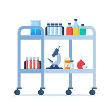 Medical trolley with medical flask, jars, test tubes, pills. Medical equipment. Vector illustration.