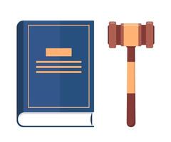 Law book and judge gavel, decision glossy mallet for court verdict. Law and justice system symbol. Vector illustration.