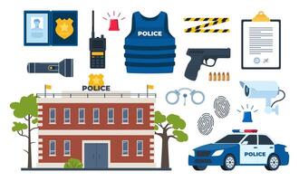 Police professional equipment for pursue and capture a criminal. Handcuffs, bulletproof vest, stun gun, pistol gun, truncheon, police badge, car. Vector illustration.