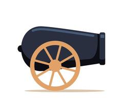 Old black wheeled pirate cannon. Flat style vector illustration isolated on white background.